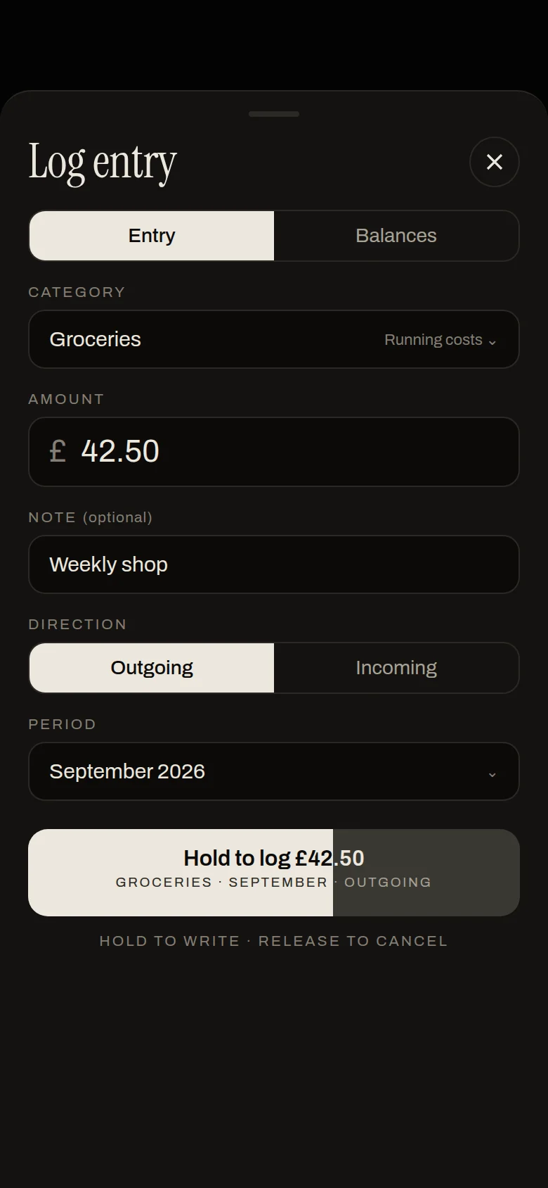 Erkos Log entry sheet with the hold to log button