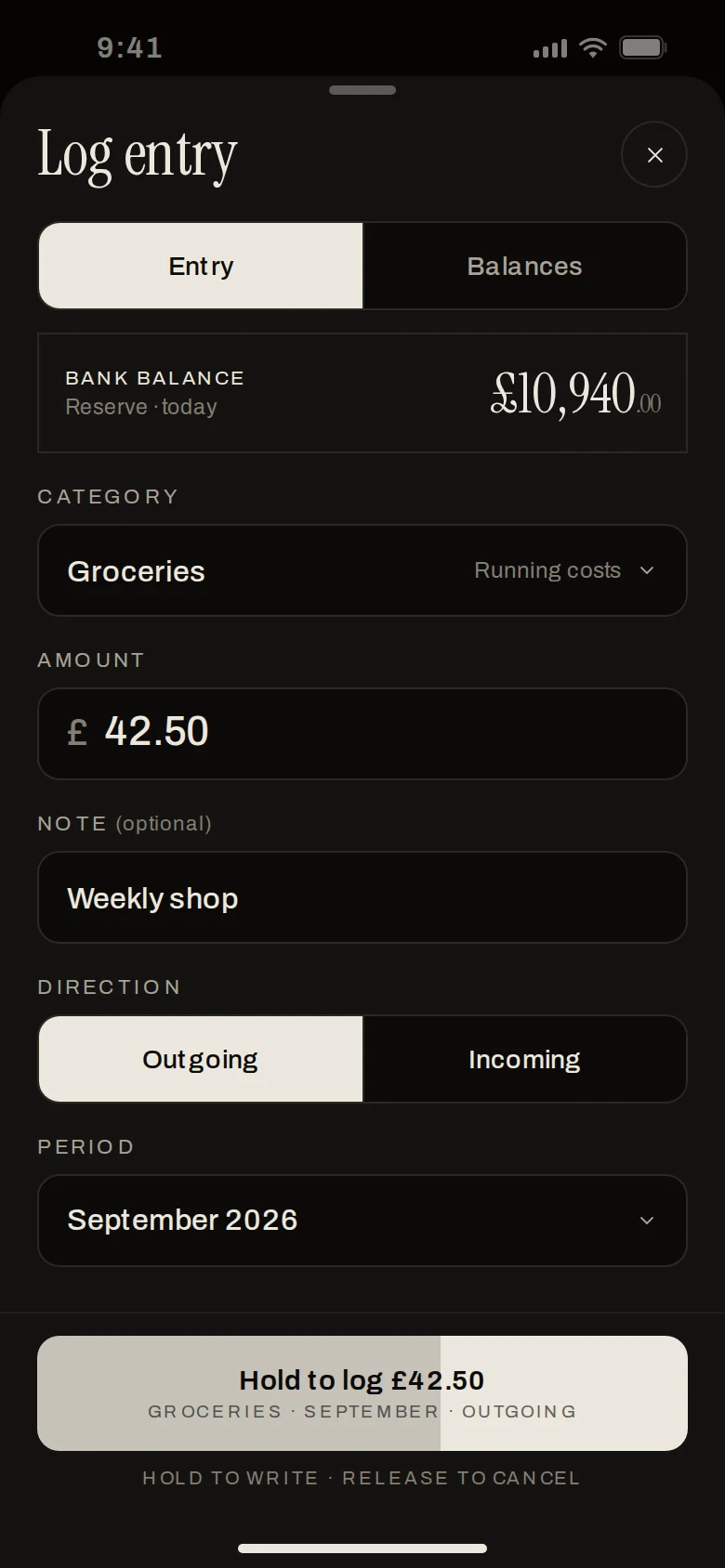 Erkos Log entry sheet with the hold to log button