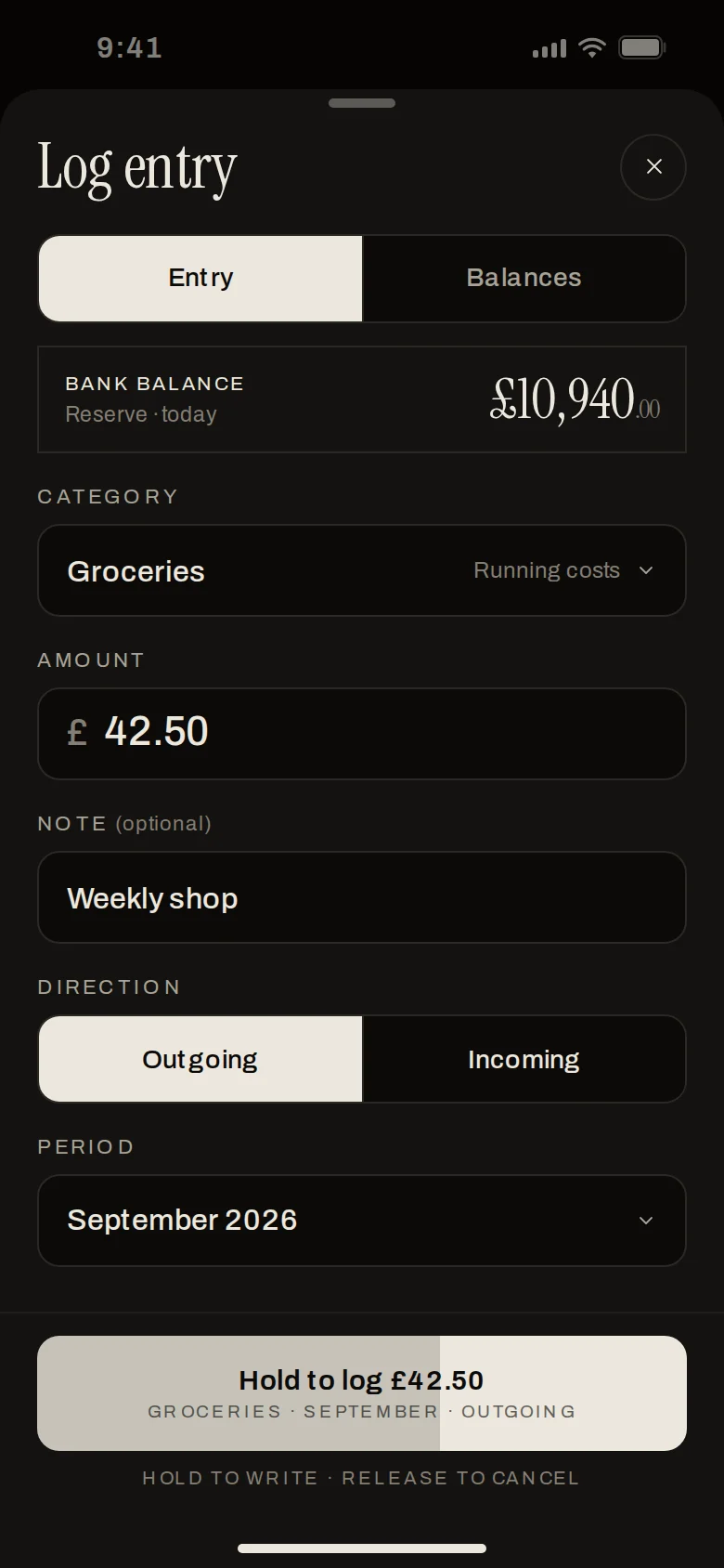 Erkos Log entry sheet with the hold to log button