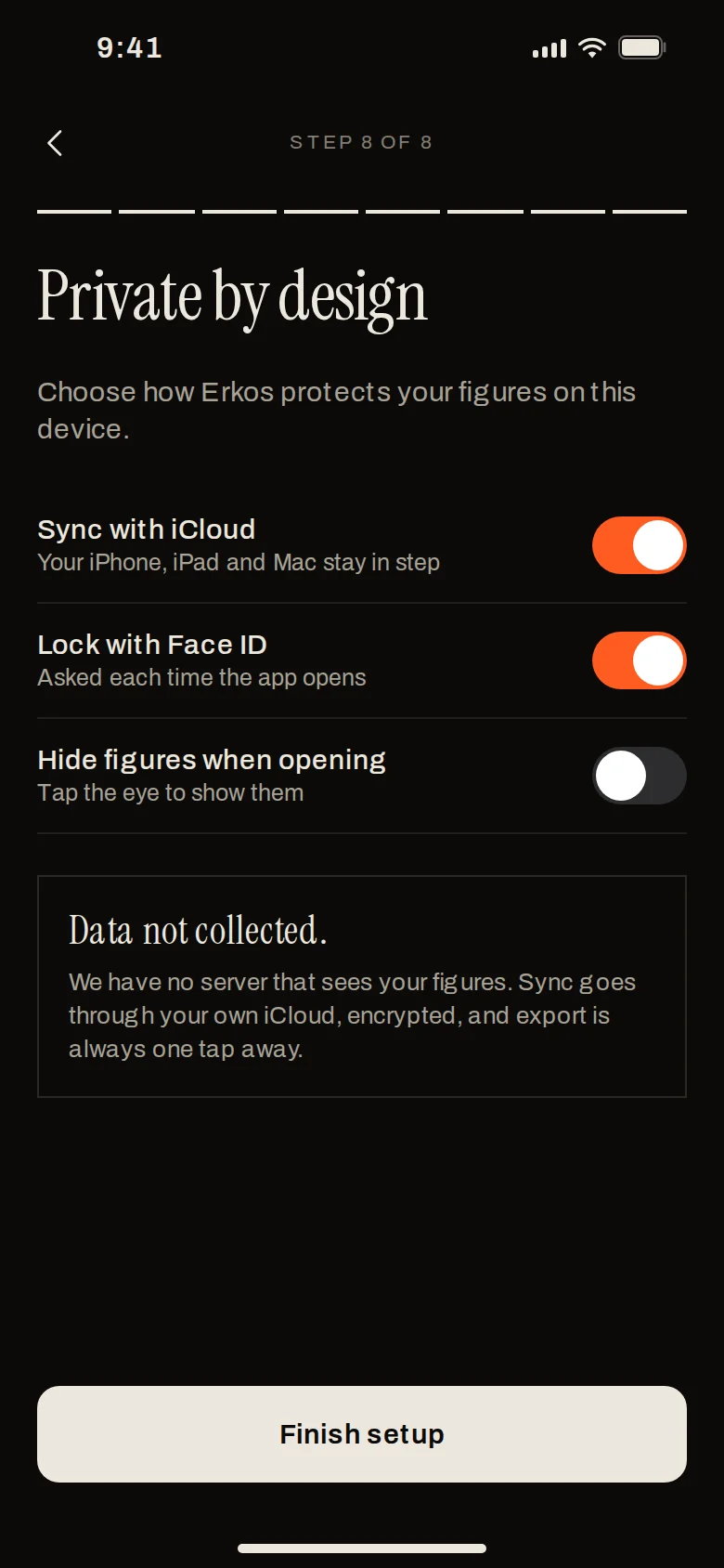 The privacy step while setting up Erkos: iCloud sync, Face ID and hidden figures