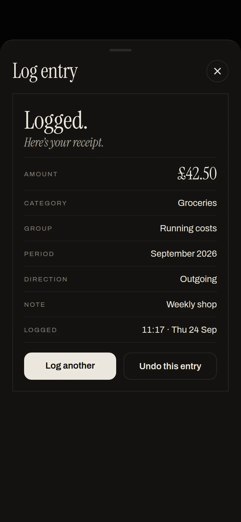The receipt Erkos shows after every entry