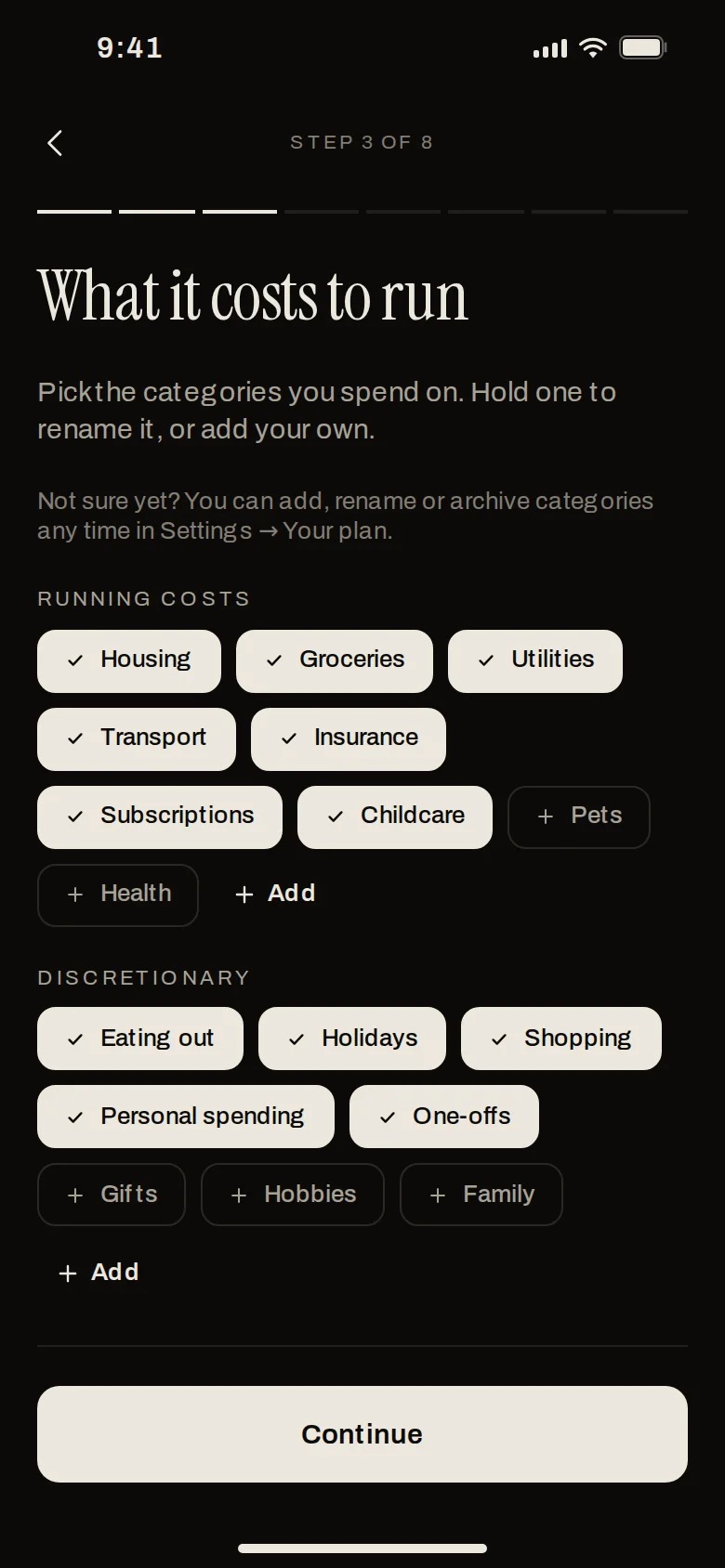 Choosing running costs and discretionary categories while setting up Erkos